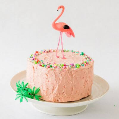 Strawberry pink flamingo birthday cake
