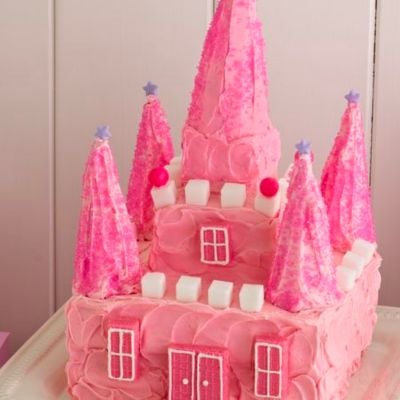 Pink princess castle birthday cake