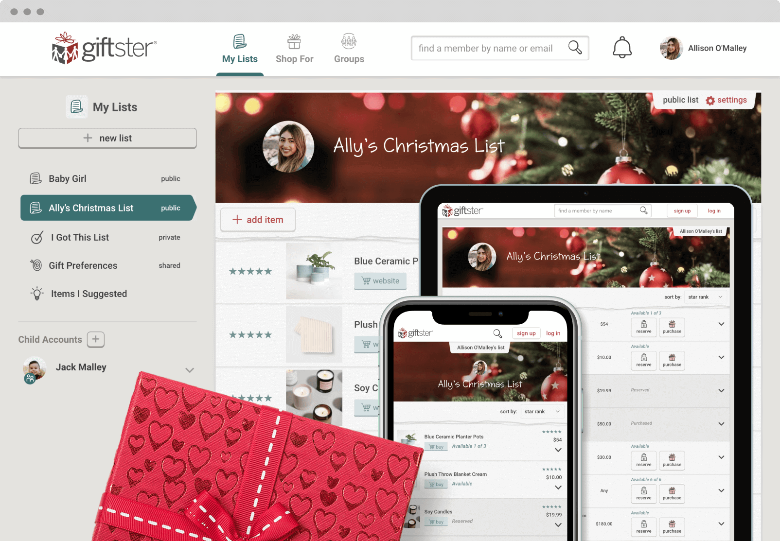 Giftster Christmas wish list gift exchange app.